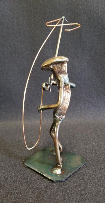 Flyfish holding rode with string looking in motion metal spike art product photo