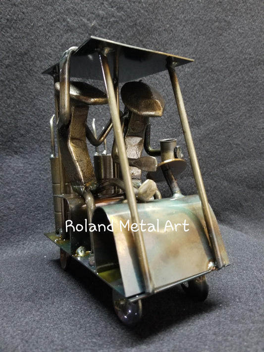 Golfers in the golf cart showing the front angle metal spike art product photo