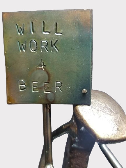 "Will Work For Beer" Hand-stamped lettering.