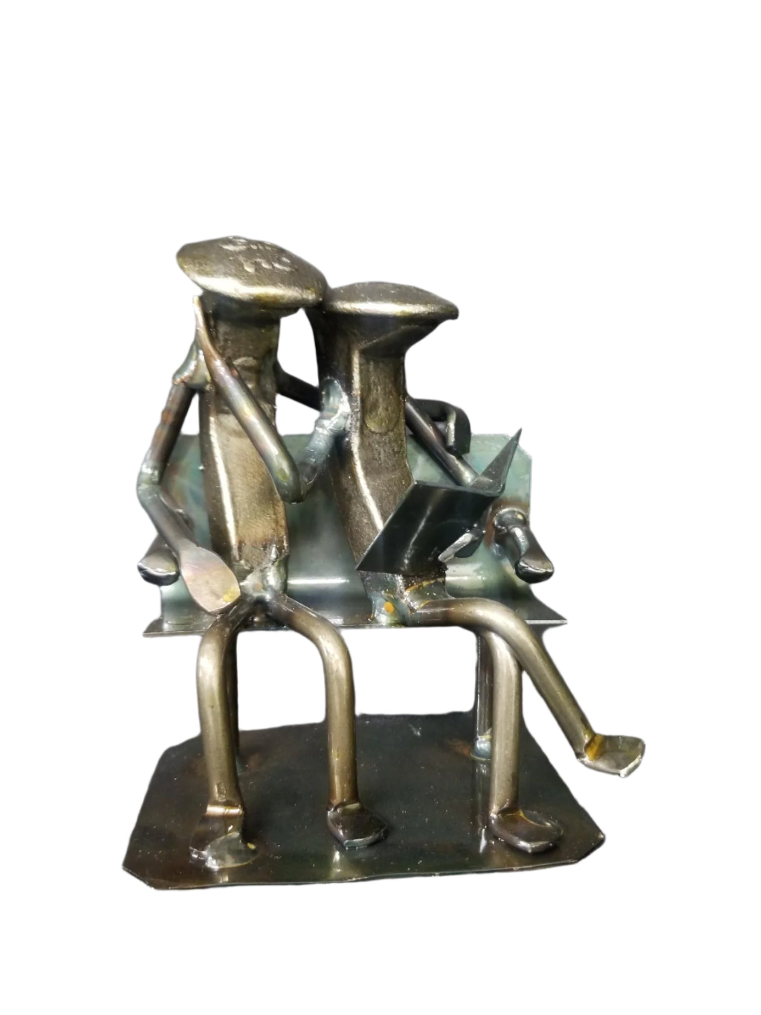 Couple sitting on bench reading a book railroad spike metal art