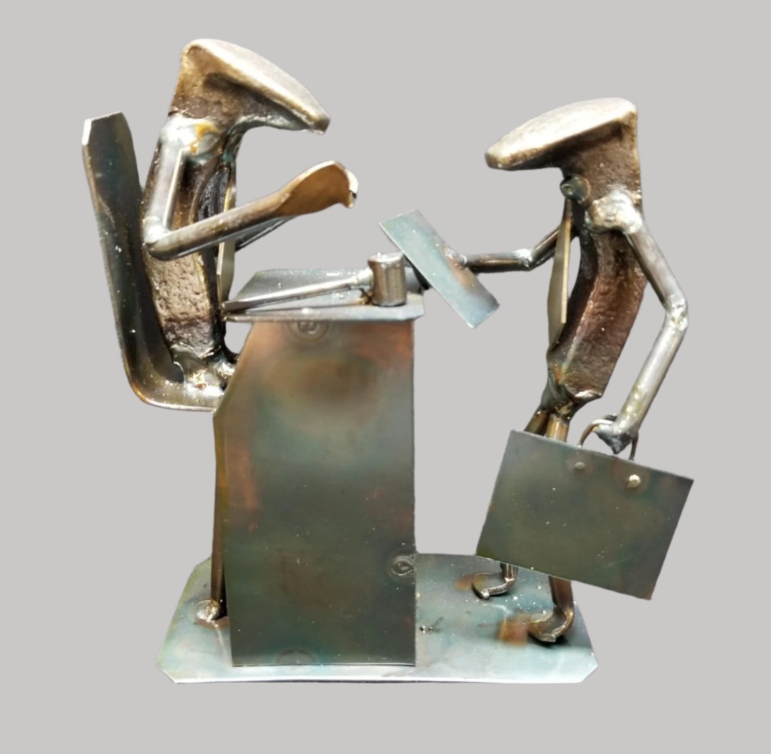 lawyer standing at judges desk with holding object metal spike art product photo