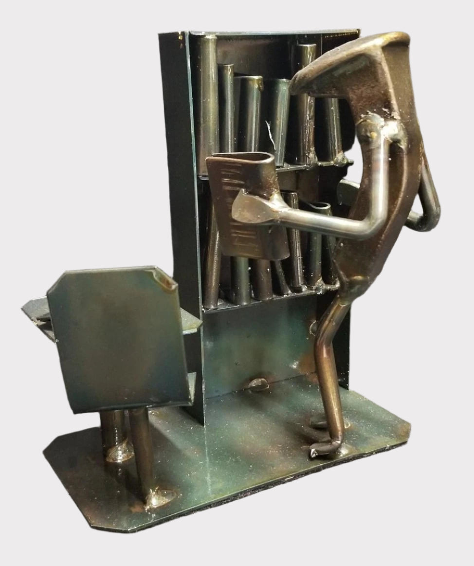 Librarian handling the books near the shelf metal spike art product photo
