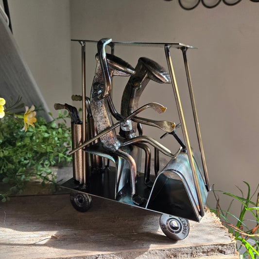 Golfers in Cart - Leisurely Golf Railroad Spike Sculpture