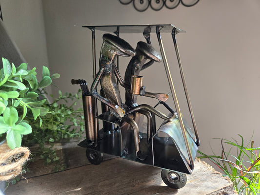 Golfers in Cart - Leisurely Golf Railroad Spike Sculpture