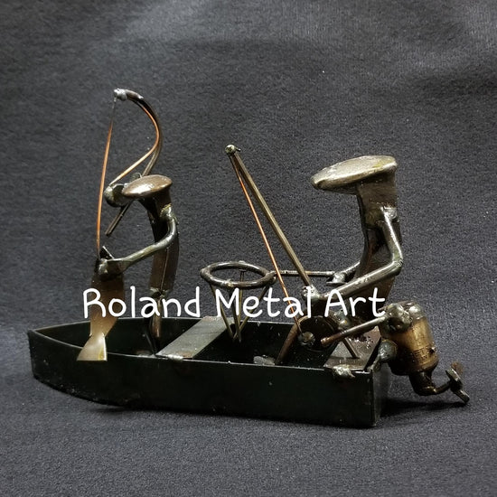 Two fisherman in the fishing boat sitting down metal spike art product photo