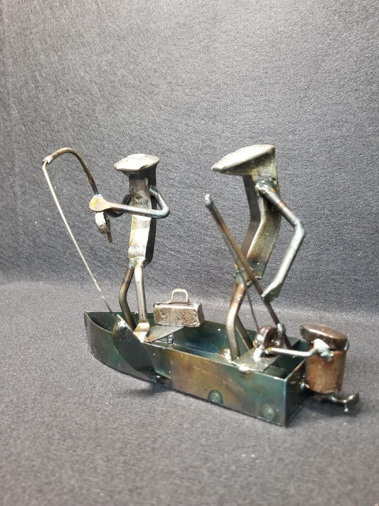Fishing boat with two fishermen inside metal spike art product photo