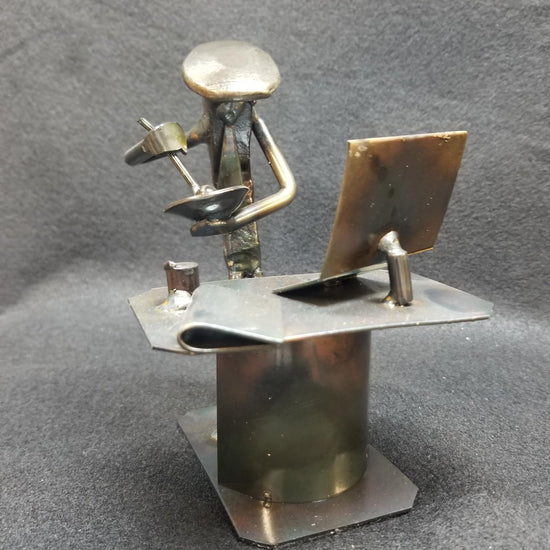 pharmacist in a tie mixing next to their table metal spike art product photo